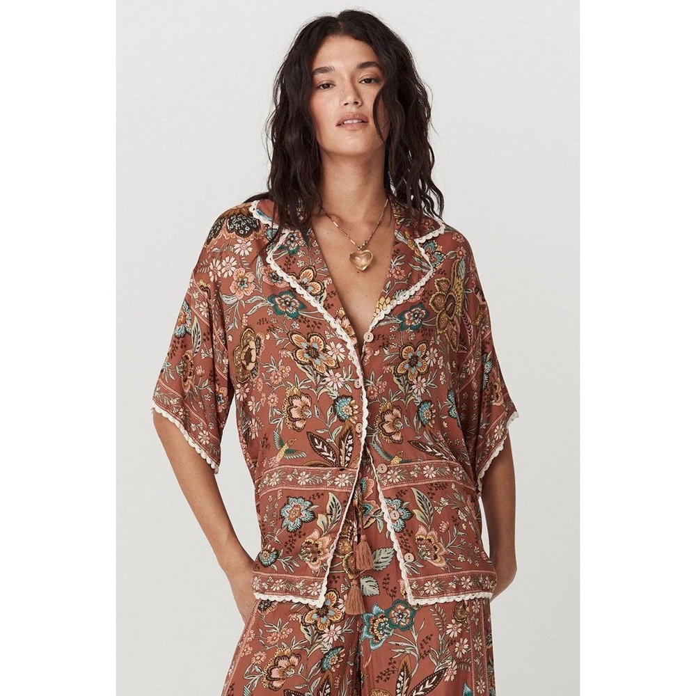 Spell Mojave Lily Shirt 3XL Amber Floral Tencel Lace Trim Oversize Button Up NWT